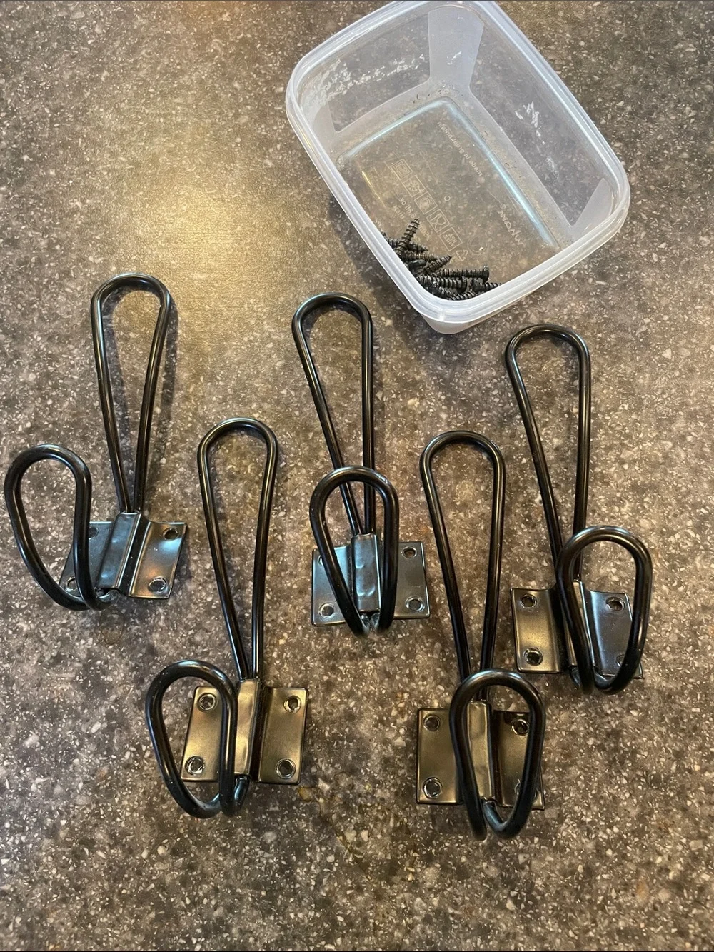 Black farmhouse style double wall hooks with hardware, set of 5